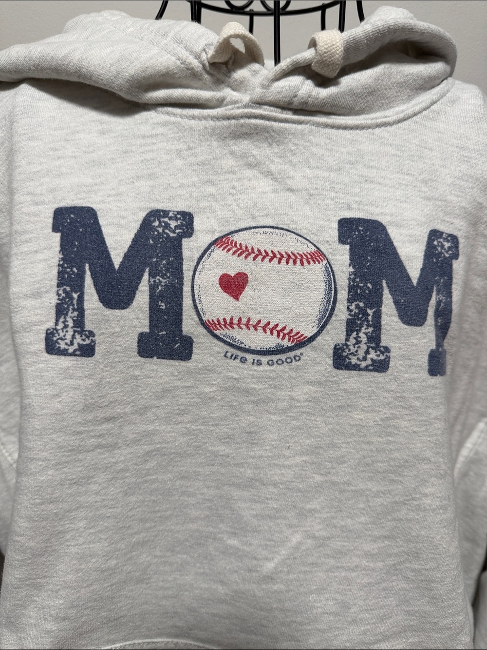 Life Is Good grey Hoodie with Navy 'MOM' Baseball Graphic and Red Heart Accent